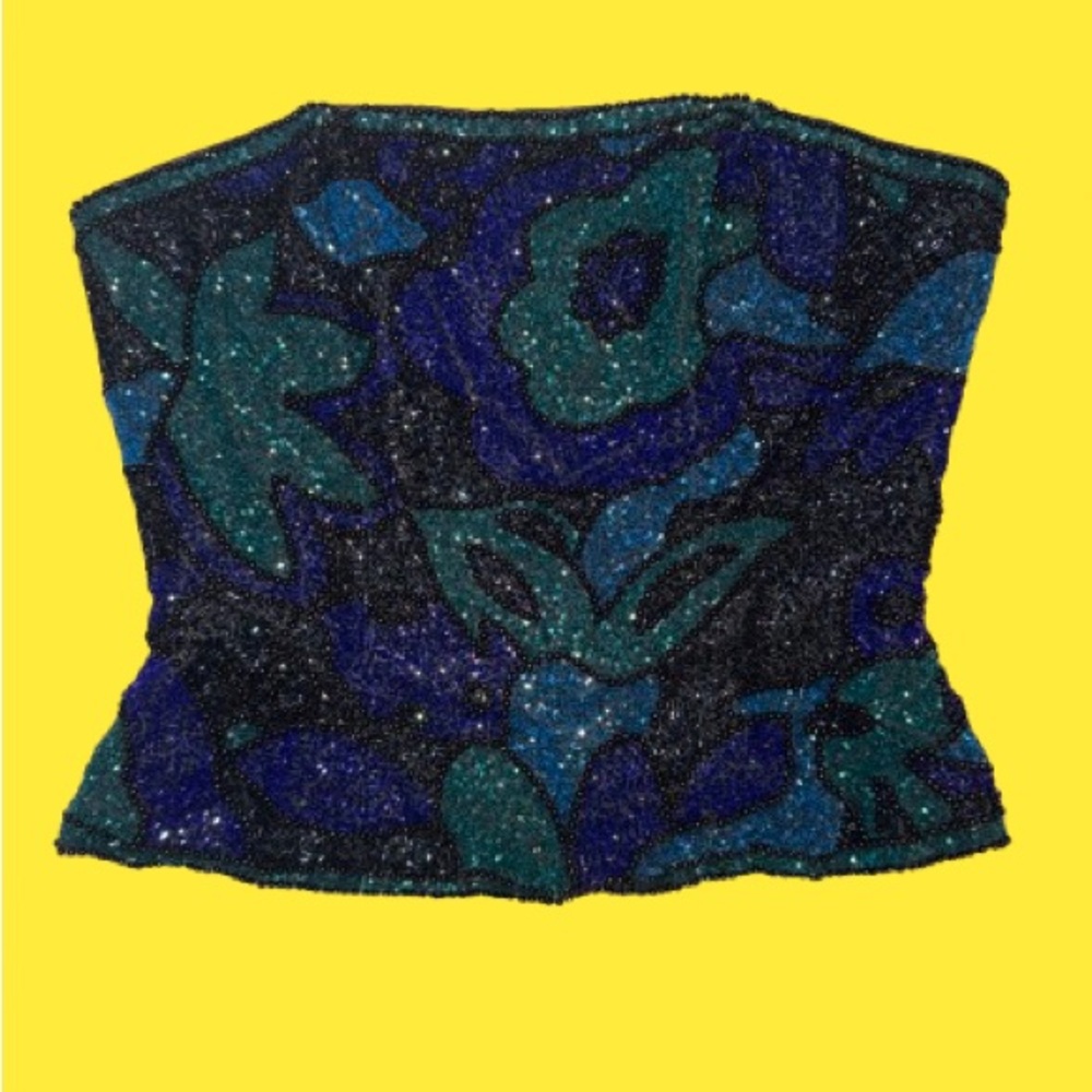 Oleg Cassini Black Tie Blue and Green Beaded Corset Top